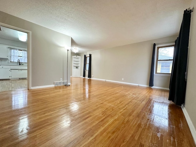 empty room with a textured ceiling, light wood-type flooring, and sink