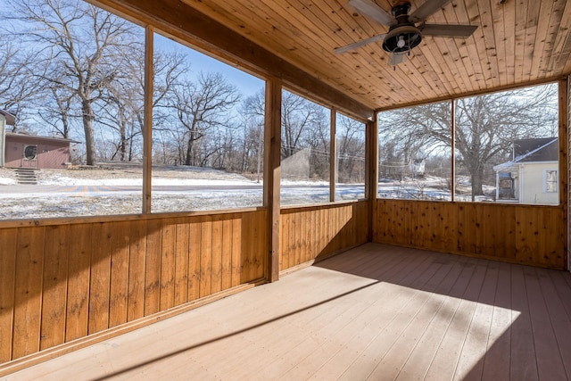 unfurnished sunroom featuring ceiling fan and wooden ceiling