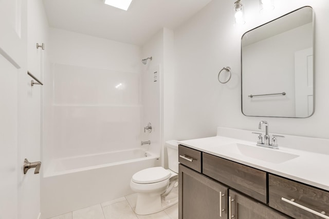 full bath with  shower combination, vanity, toilet, and tile patterned floors