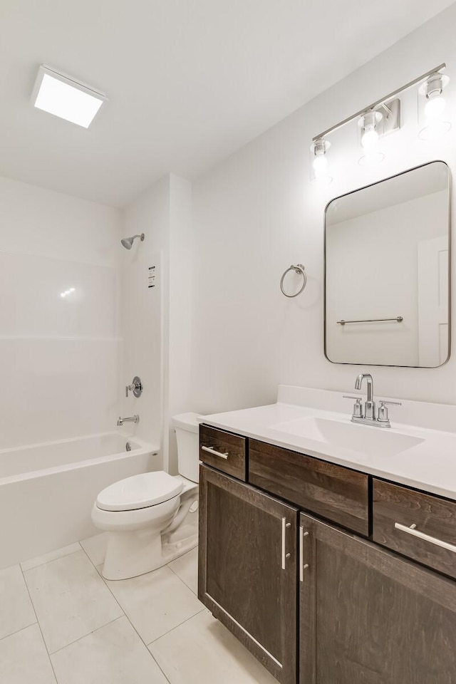 bathroom featuring shower / bathtub combination, vanity, tile patterned flooring, and toilet