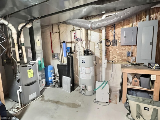 utility room featuring heating unit, electric panel, and water heater
