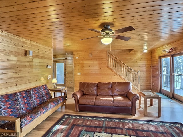 8947 Ingram Ave NW, Annandale, MN 55302 - living room with stairway, wooden ceiling, a ceiling fan, and wooden walls