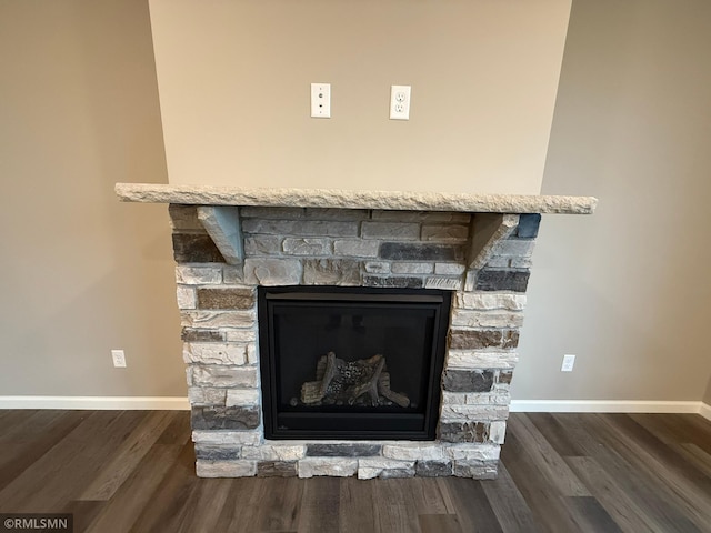 interior details featuring a fireplace and wood-type flooring