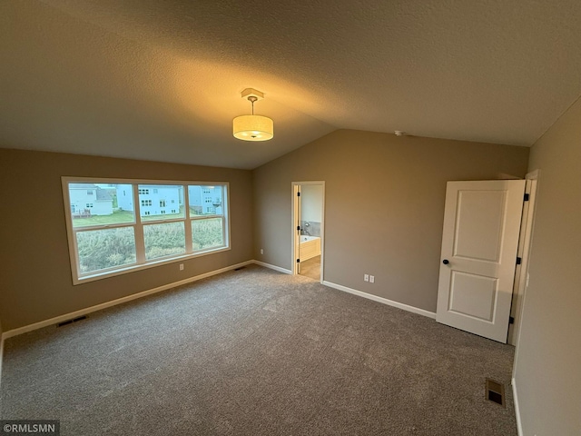 interior space featuring carpet, a textured ceiling, and vaulted ceiling