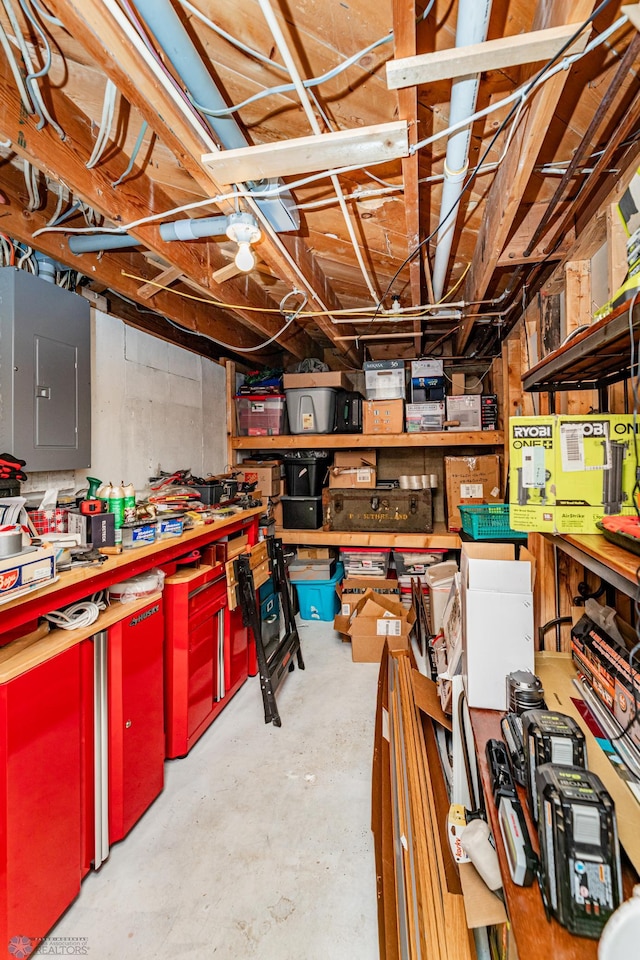 basement featuring a workshop area and electric panel