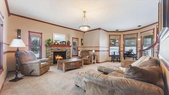 living room with a fireplace, a textured ceiling, light colored carpet, and crown molding