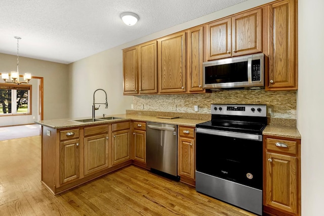 kitchen featuring kitchen peninsula, sink, stainless steel appliances, and light hardwood / wood-style floors