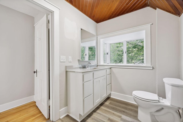 half bathroom featuring toilet, baseboards, wood finished floors, and vanity