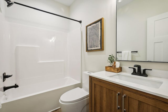 full bathroom with toilet, vanity, and tub / shower combination