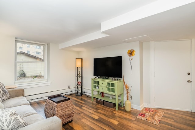 living room with hardwood / wood-style floors and a baseboard radiator