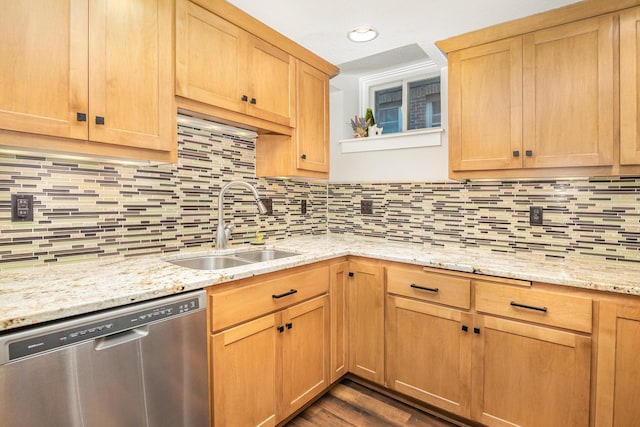 kitchen with backsplash, light stone counters, dishwasher, and sink