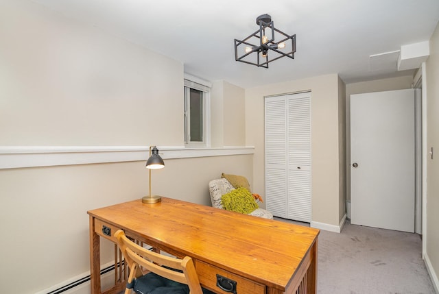 office space featuring baseboard heating, light carpet, and a chandelier