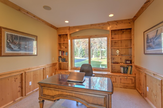 office area with built in shelves and light colored carpet