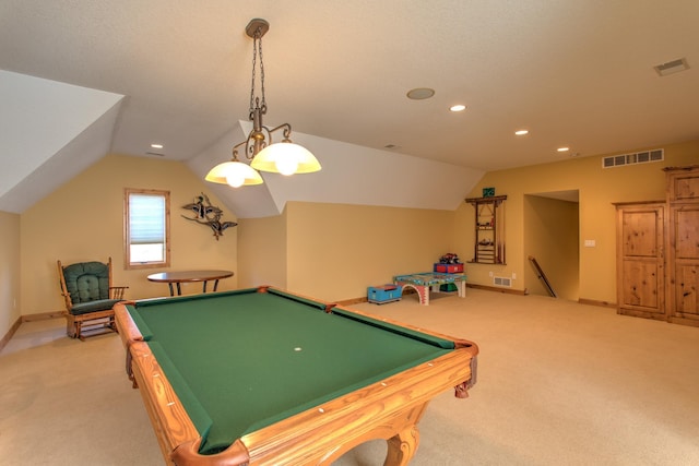 rec room featuring light carpet, pool table, and vaulted ceiling