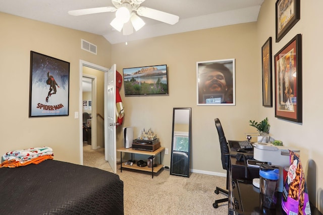 carpeted bedroom featuring ceiling fan and lofted ceiling