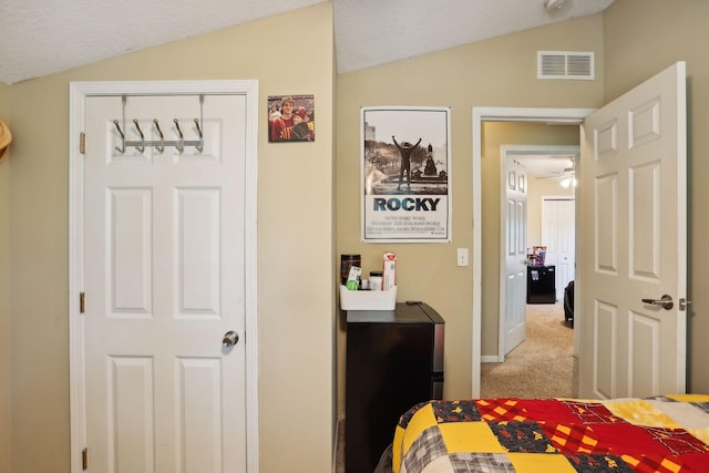 carpeted bedroom featuring lofted ceiling, a textured ceiling, and a closet