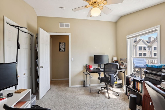 office with light carpet, vaulted ceiling, and ceiling fan