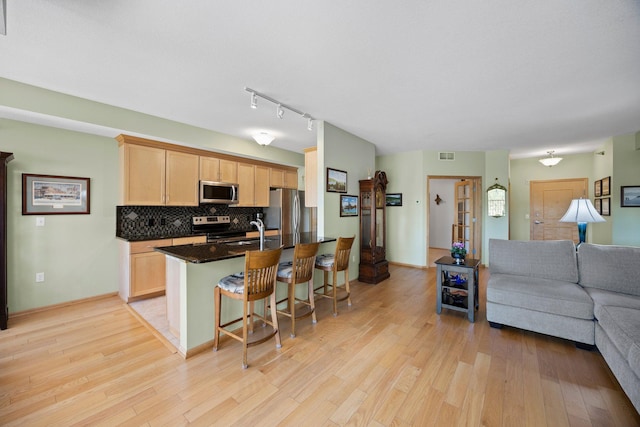 630 Main St N Unit 202, Stillwater, MN 55082 - kitchen with stainless steel appliances, open floor plan, light brown cabinetry, a kitchen bar, and decorative backsplash