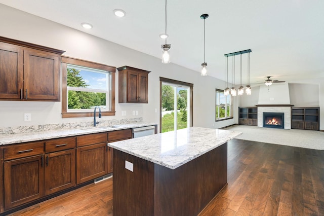 kitchen featuring dark hardwood / wood-style floors, sink, a healthy amount of sunlight, and decorative light fixtures