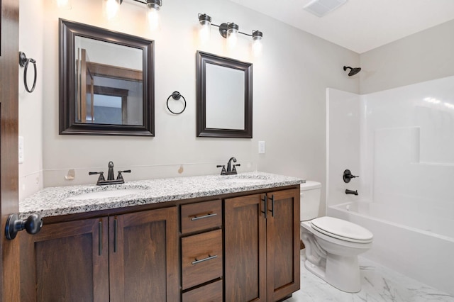 full bathroom with vanity,  shower combination, and toilet