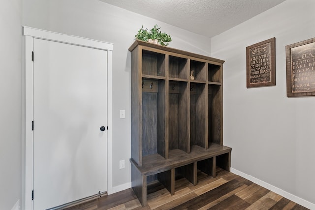 mudroom with a textured ceiling and dark hardwood / wood-style floors