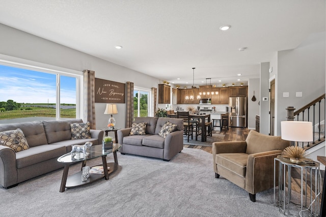 living room with light carpet