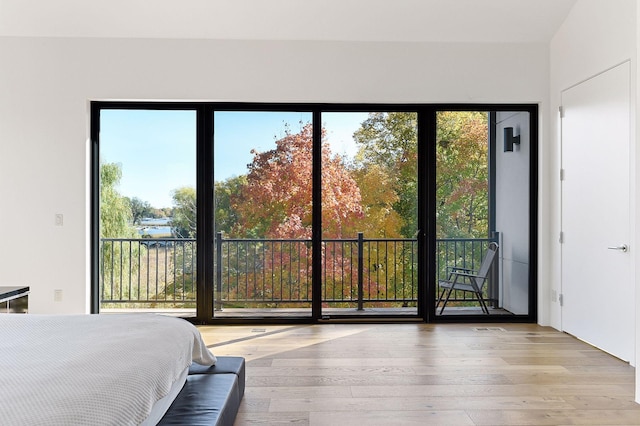 bedroom with access to exterior and light hardwood / wood-style flooring