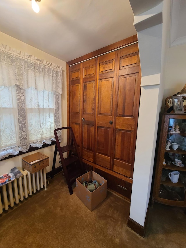 sitting room featuring dark colored carpet and radiator