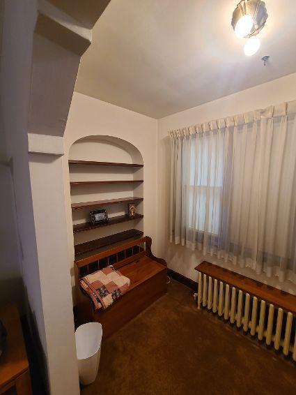 interior space with dark carpet and radiator heating unit