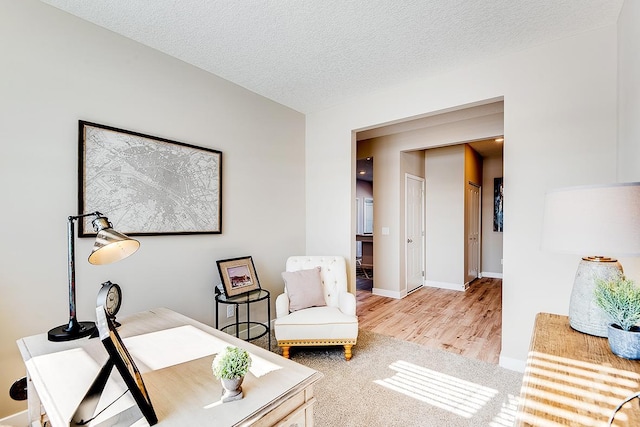 office area featuring baseboards, a textured ceiling, and light wood-type flooring