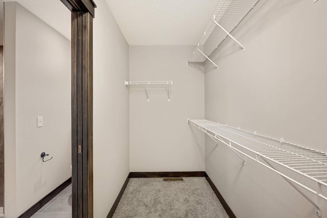 walk in closet with light colored carpet