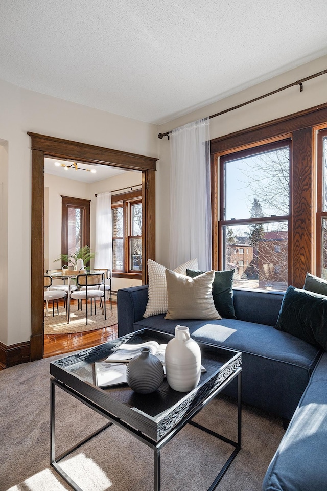 living room with carpet floors and a textured ceiling