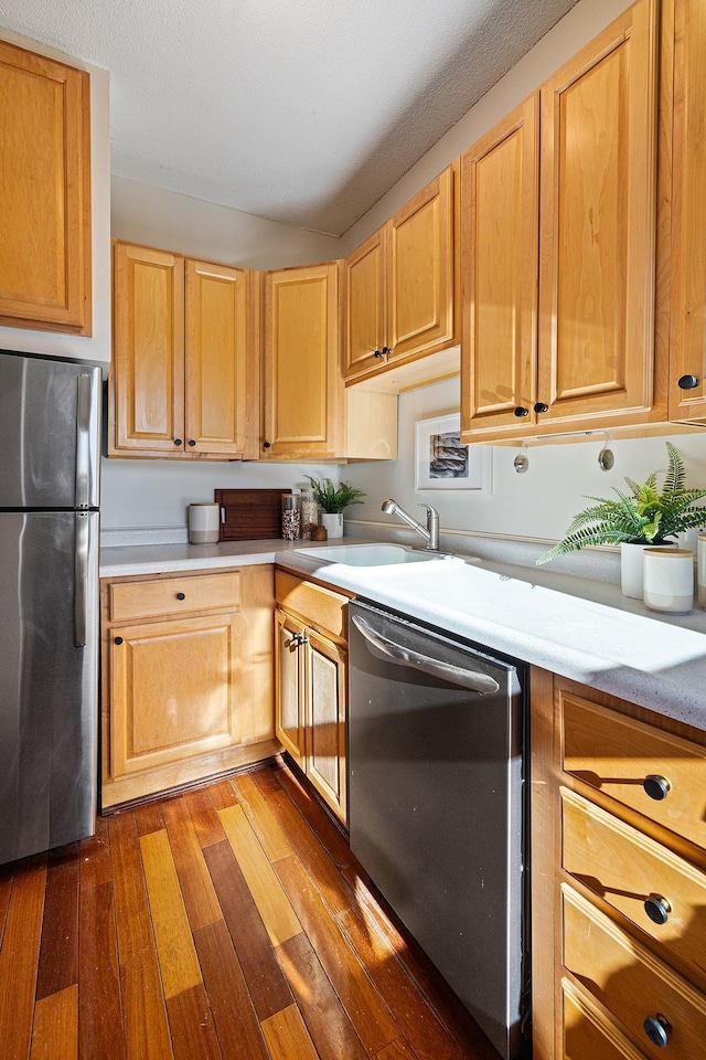 kitchen with light brown cabinetry, sink, dark hardwood / wood-style floors, and appliances with stainless steel finishes