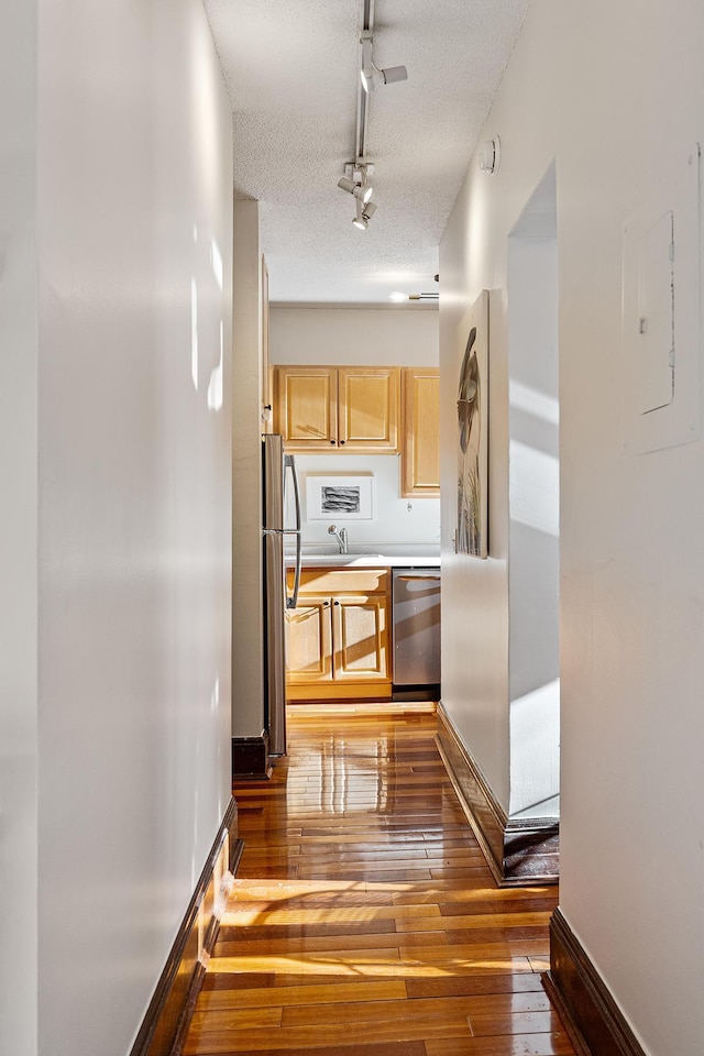 hall featuring rail lighting, sink, a textured ceiling, electric panel, and hardwood / wood-style floors