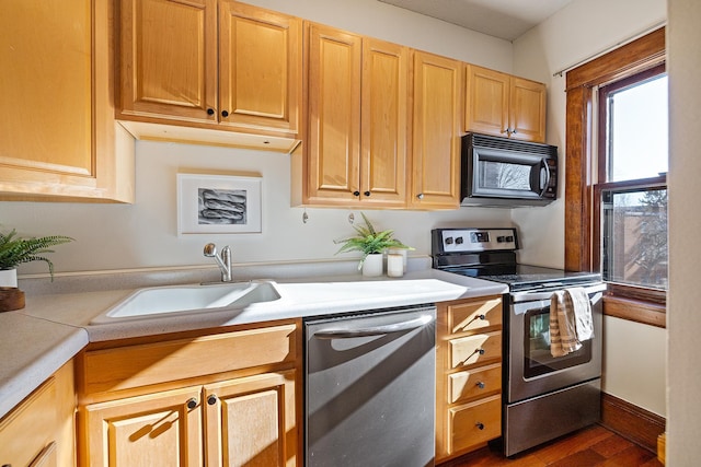 kitchen featuring stainless steel appliances, dark hardwood / wood-style flooring, sink, and light brown cabinets