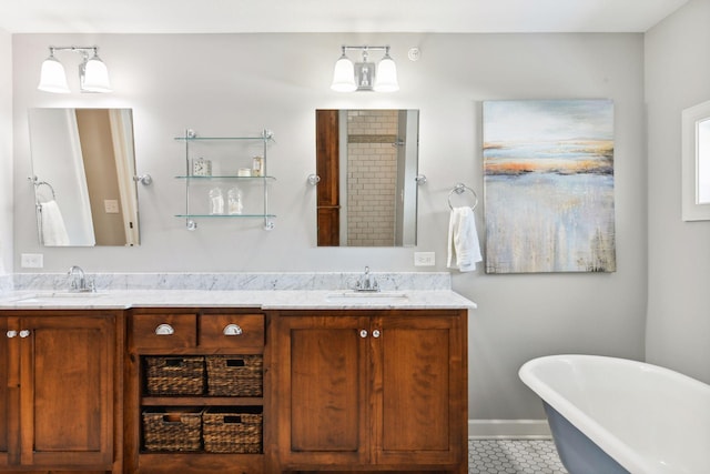 21360 Christmas Ln, Shorewood, MN 55331 - bathroom featuring a sink, a freestanding bath, tile patterned flooring, and double vanity