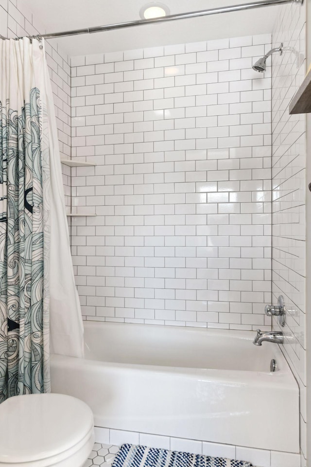 21360 Christmas Ln, Shorewood, MN 55331 - full bathroom featuring toilet, tile patterned flooring, and shower / tub combo with curtain
