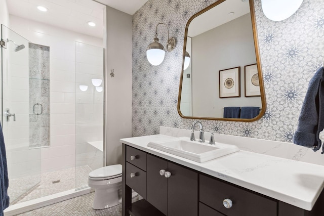 21360 Christmas Ln, Shorewood, MN 55331 - full bath featuring toilet, a stall shower, wallpapered walls, and vanity