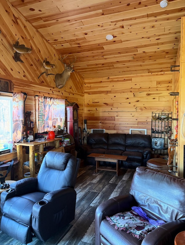 living room with wood-type flooring, wooden walls, and wood ceiling