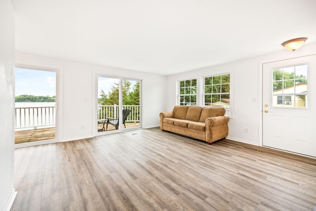 unfurnished living room featuring a wealth of natural light, light wood-type flooring, and baseboards