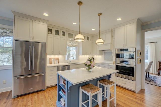 kitchen with a sink, light wood-style floors, appliances with stainless steel finishes, white cabinets, and light countertops