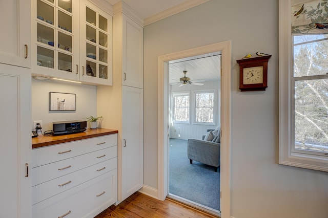 corridor with light wood finished floors, crown molding, and baseboards