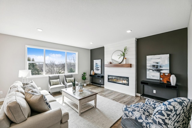 living room featuring a large fireplace and hardwood / wood-style floors