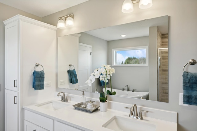 bathroom with separate shower and tub and vanity