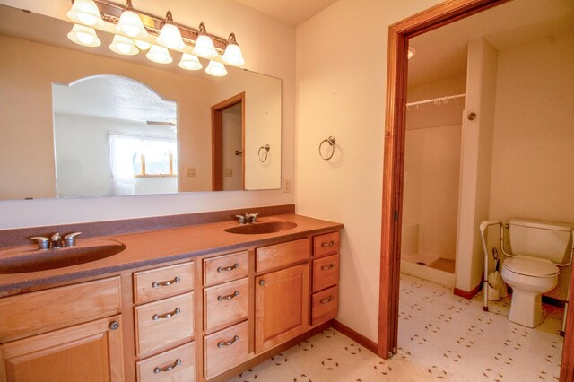 bathroom with a shower, vanity, and toilet