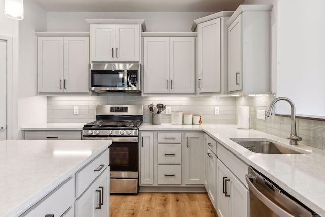 kitchen with stainless steel appliances, decorative backsplash, light wood-style floors, white cabinets, and a sink