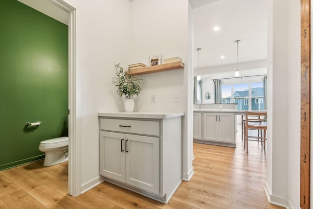 interior space with toilet, baseboards, wood finished floors, and vanity