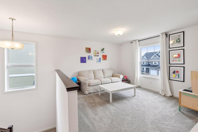 living area with carpet and baseboards