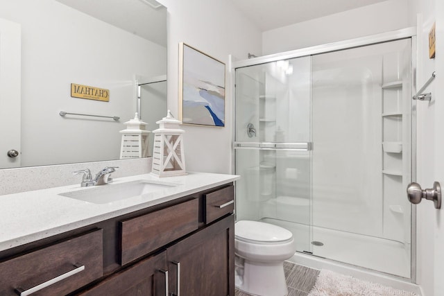 full bathroom featuring toilet, a stall shower, and vanity