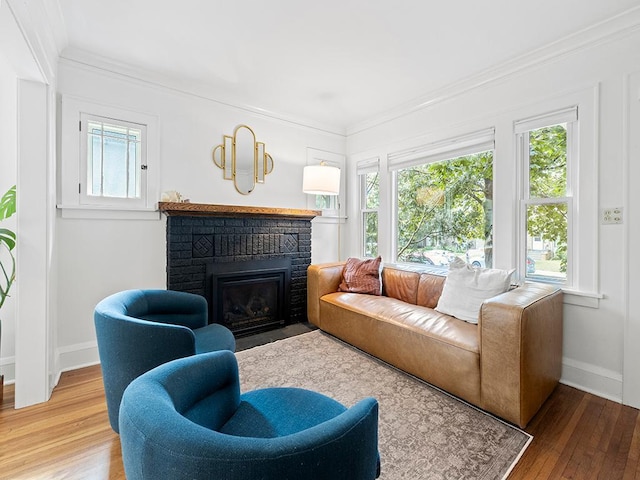 living room featuring a wealth of natural light, a fireplace, and wood-type flooring